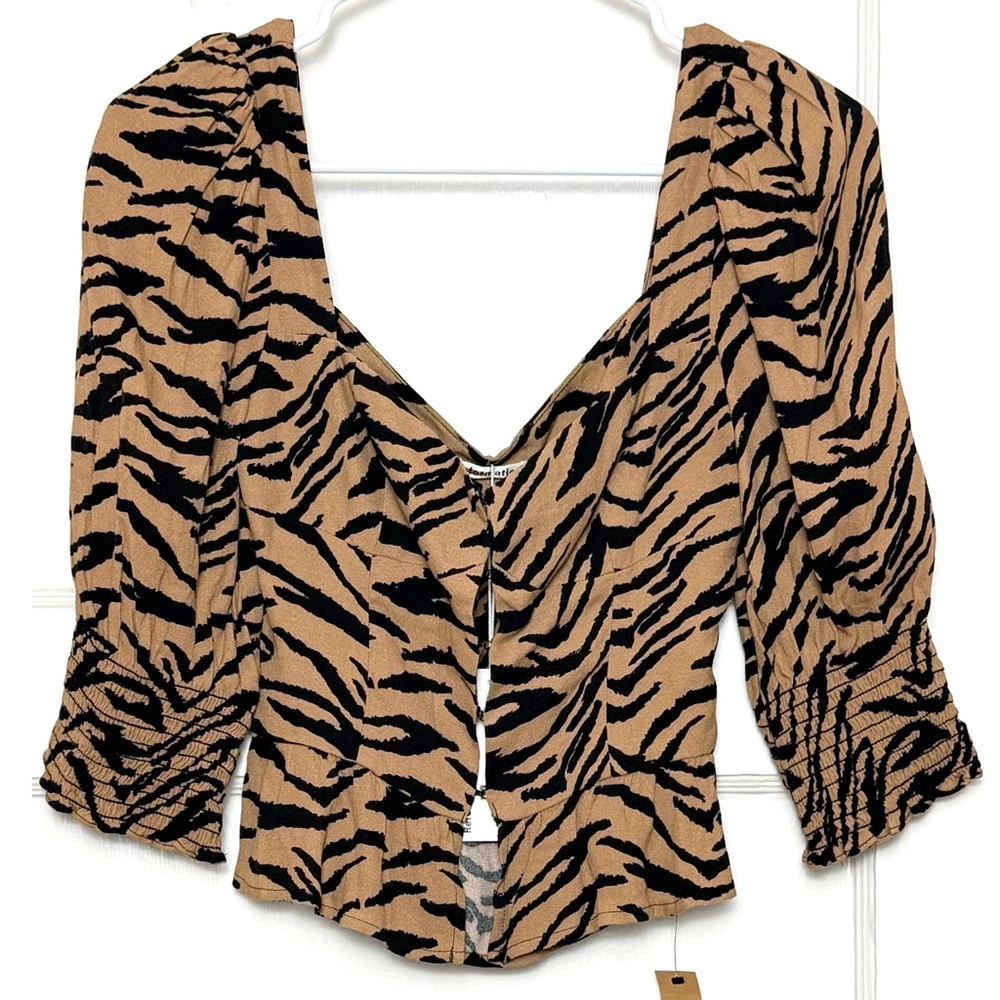 NWT REFORMATION Tiger Stripe Sweetheart Neck Puff Sleeve Peplum Coquette Top 0 - Picture 4 of 8
